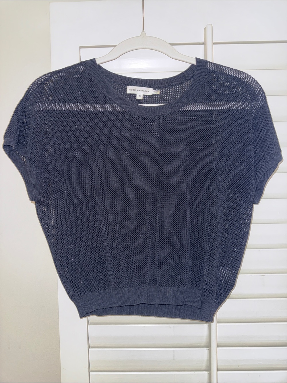 Good American Black Short Sleeve Open Knit Crew Sweater